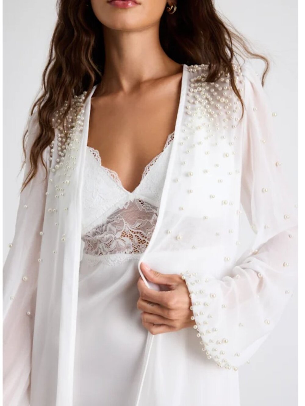 Lulus Vamelia Ivory Sheer Pearl Long Bridal Robe - S